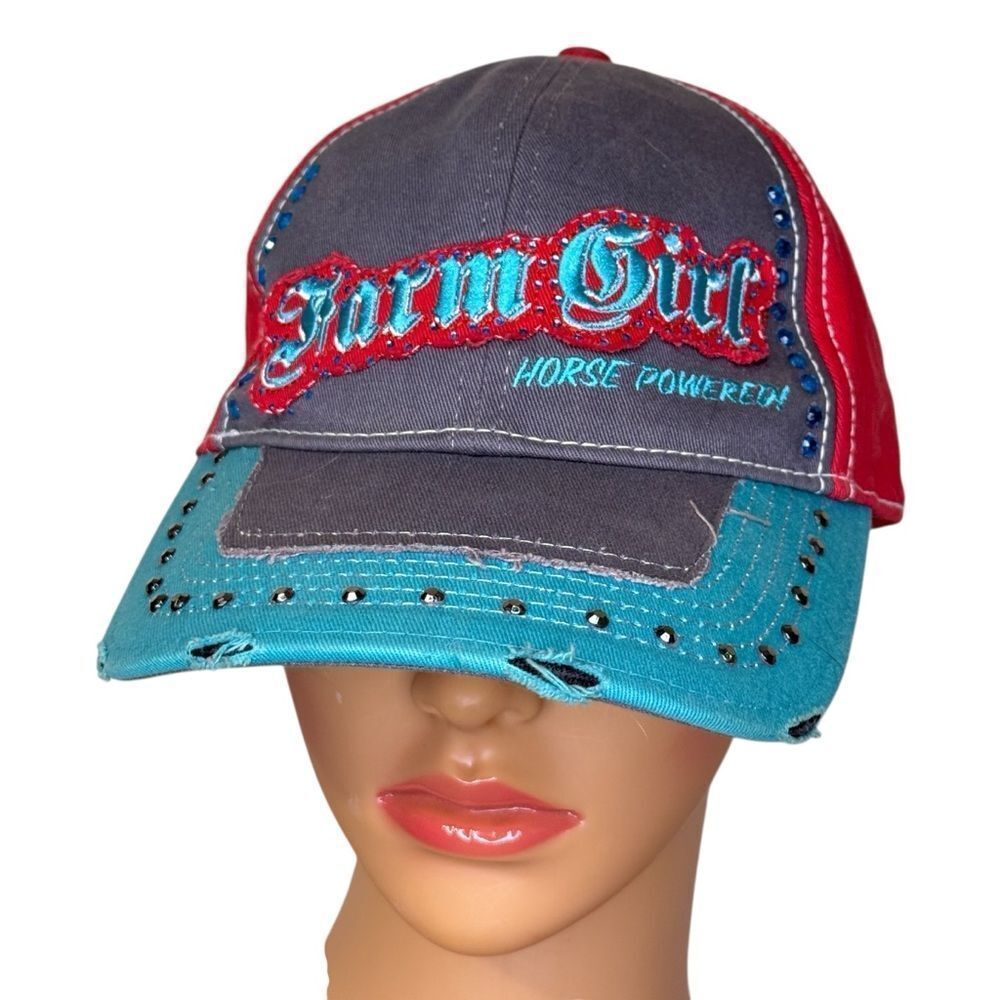 Farm Girl Horse Power Distressed Cap Blue Red Gray Silver Rivets